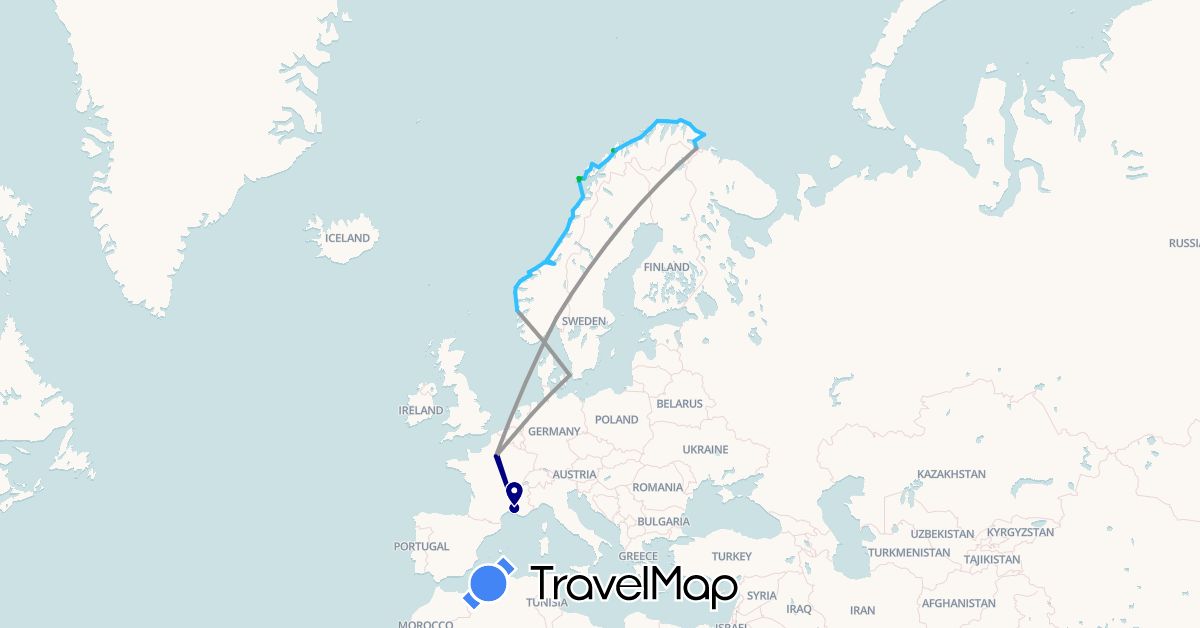 TravelMap itinerary: driving, bus, plane, boat in Denmark, France, Norway (Europe)