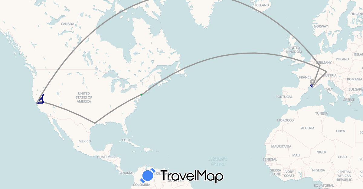 TravelMap itinerary: driving, bus, plane, hiking in Germany, France, United States (Europe, North America)