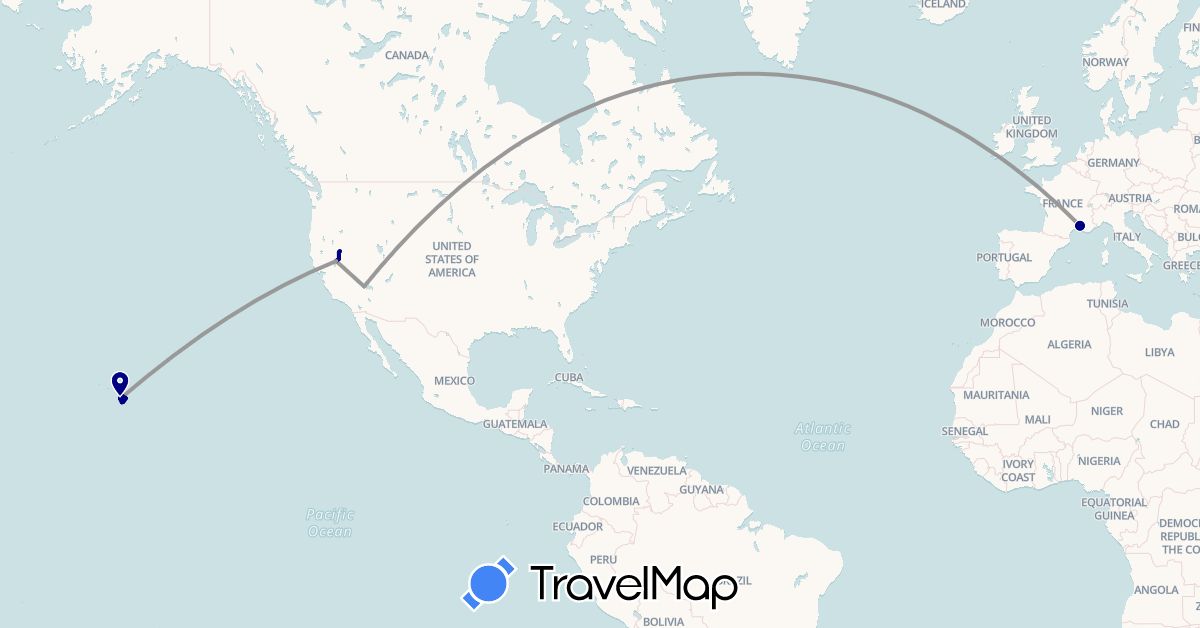 TravelMap itinerary: driving, plane, hiking in France, United States (Europe, North America)